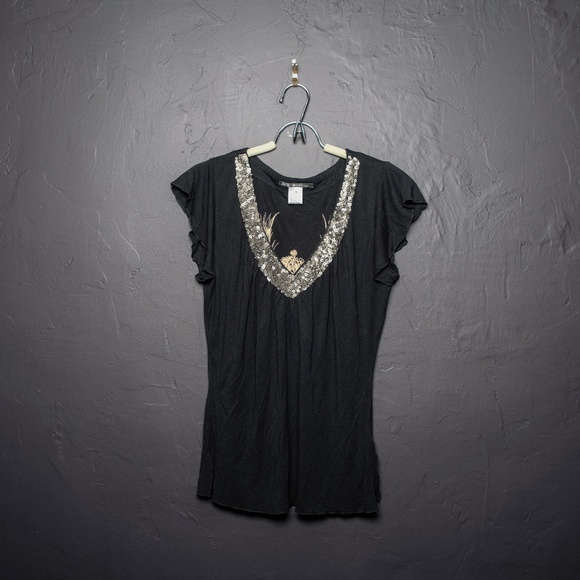 Black Parasuco V Neck Sequinned Top Sz LG - Picture 1 of 5